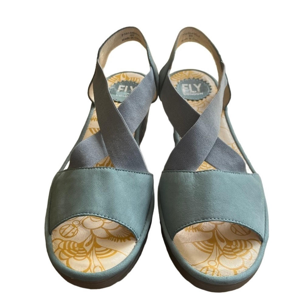 FLY London Rale Gored Cross-Band Wedge Sandal Blue 9-9.5 US Leather 40